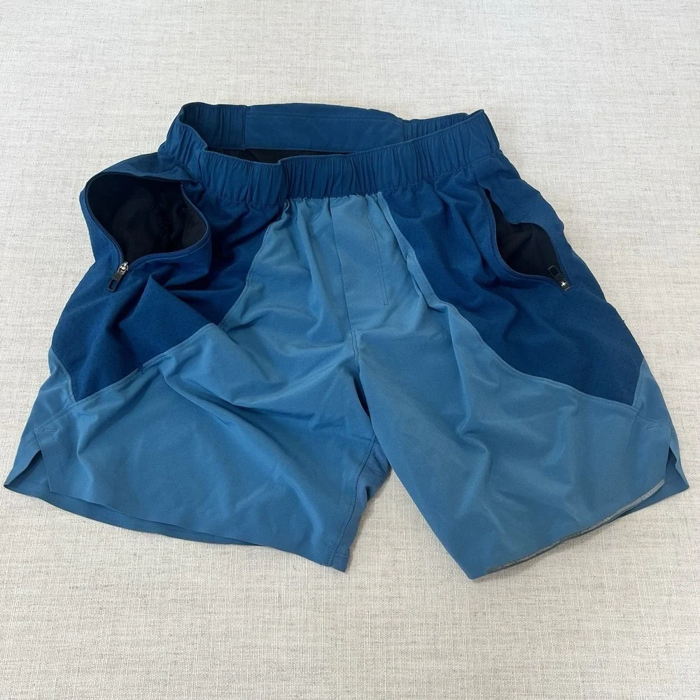 Lululemon Men's Lined Running Shorts Blue Size Small Zip Pockets 5 Inch Inseam